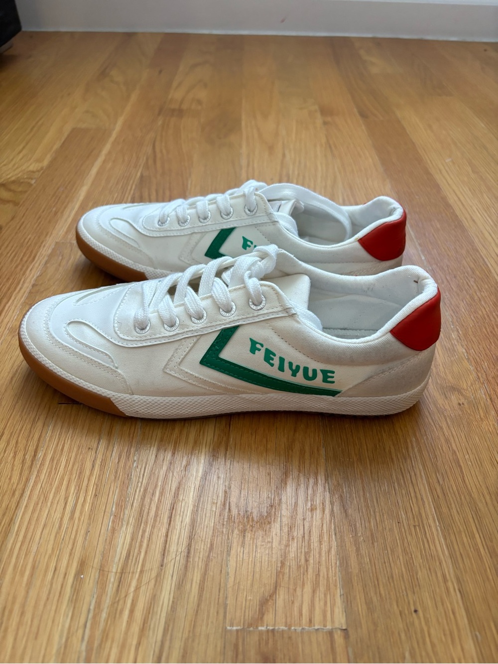 Feiyue White Sneakers with Green Chevron and Red Heel, Size 40